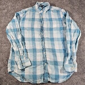 Banana Republic Camden Fit 100%Linen Shirt Mens L Blue Buffalo Check L/S Preppy